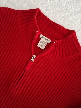 Vintage Women"s St. John's Bay Red Ribbed Quarter Zip Sweater XL Made in Japan